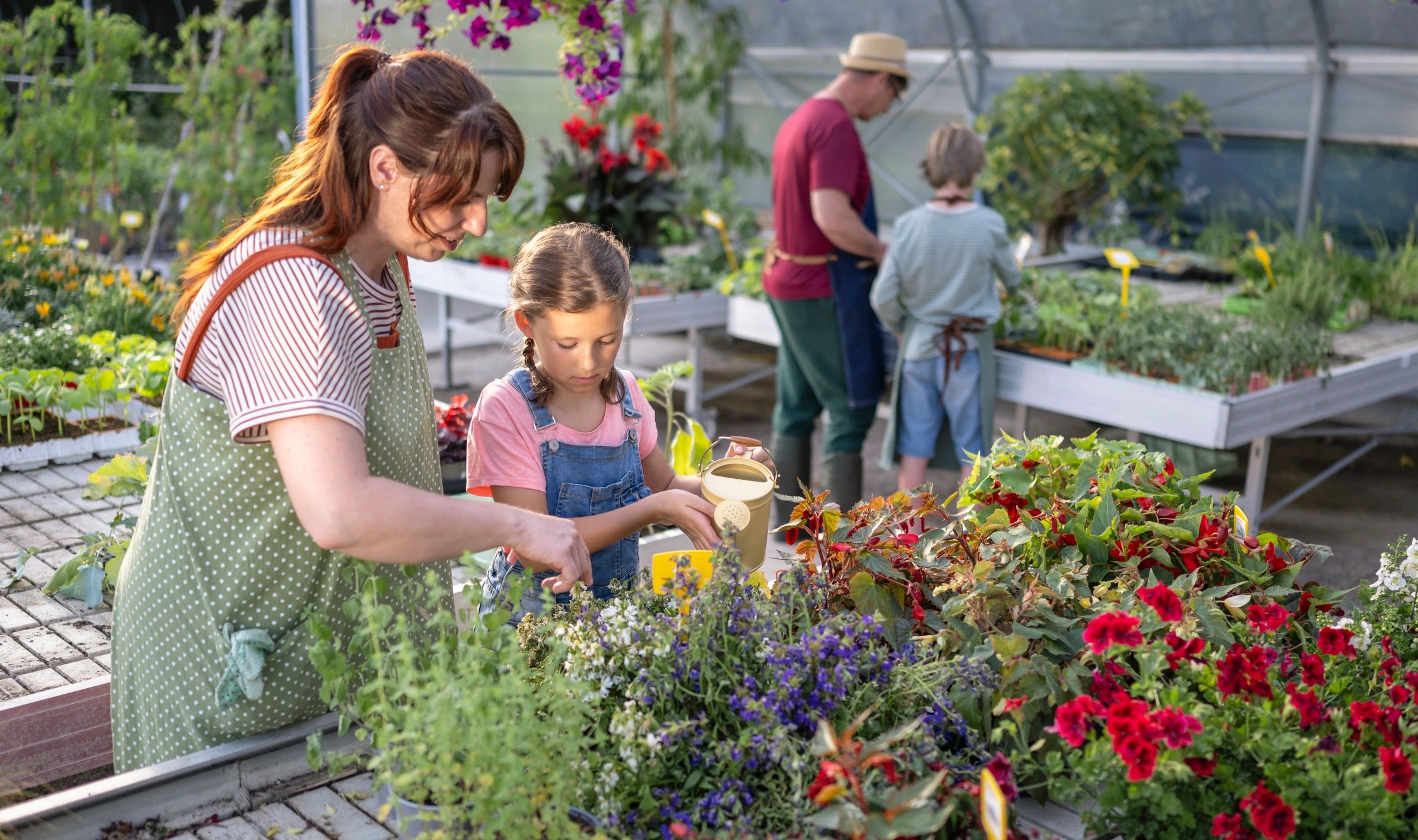 Community members gardening together in a greenhouse